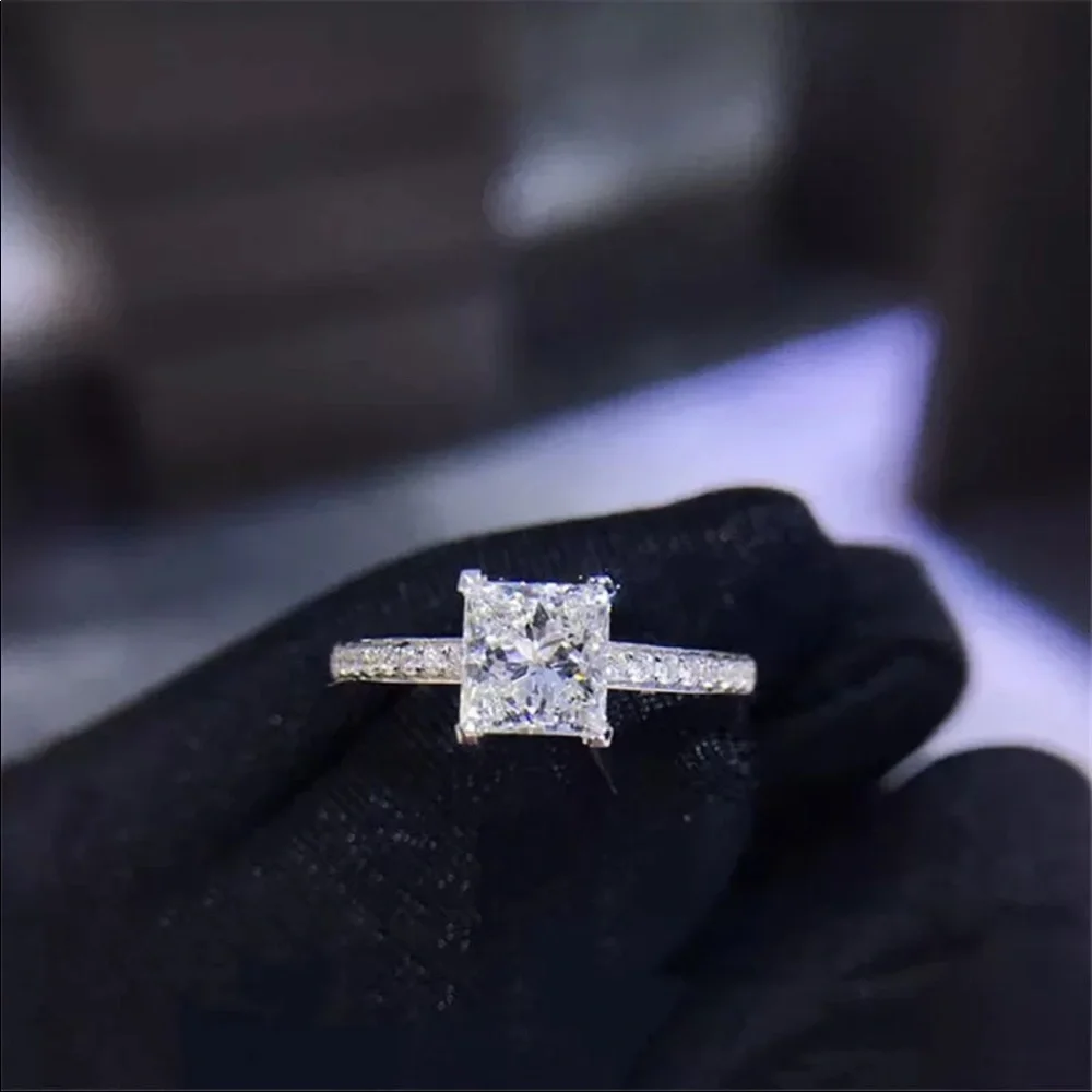 925 Sterling Silver Princess Square Simulator Diamond Ring Wedding Engagement